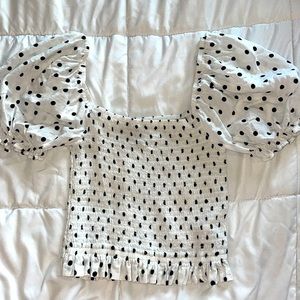 Forever, 21 women’s white and black polkadot, smocked top size small. Worn once.